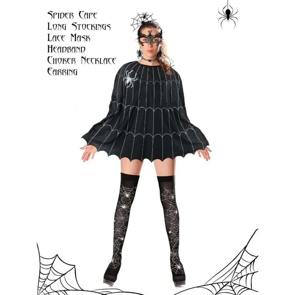 Women Lace Spider Web Costume Accessories Set Mask Earrings Choker Socks